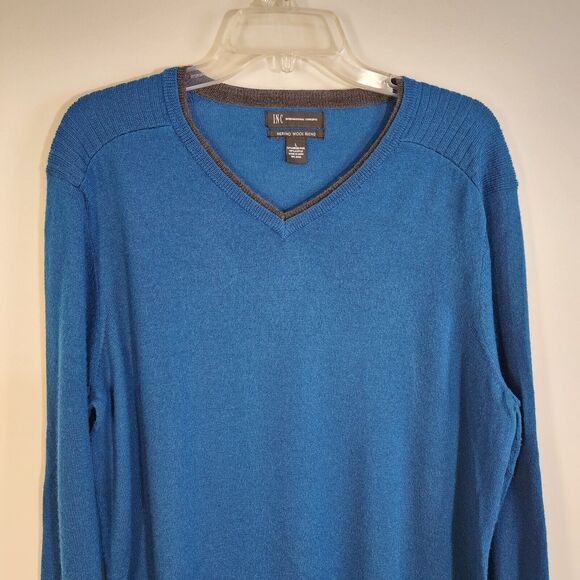 INC International Concepts Sweater Large Blue V Neck Pullover Merino Wool Blend - Picture 3 of 7